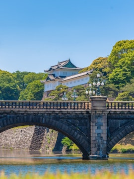 Tokyo Imperial Palace with Nijubashi Bridge in foreground, surrounded by lush greenery.