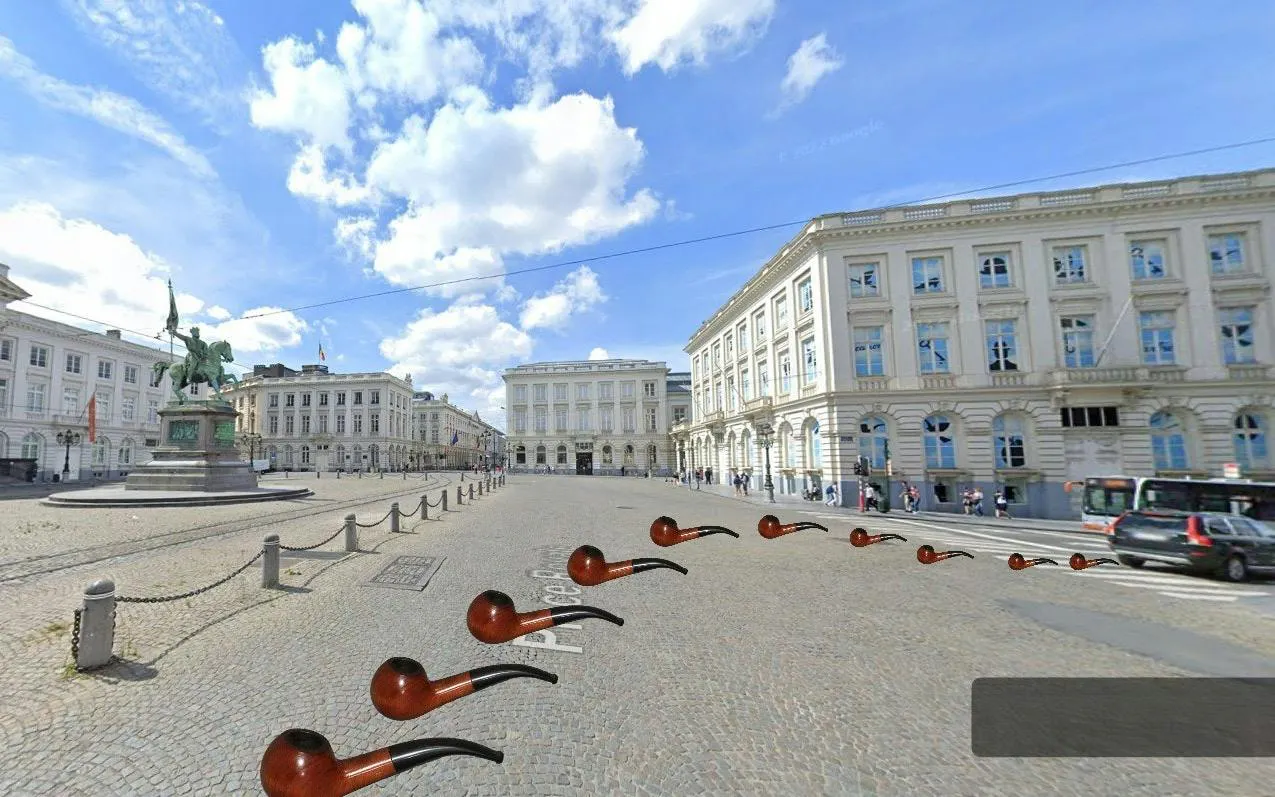 Brussels city square with equestrian statue and scattered detective pipes for self-guided game.