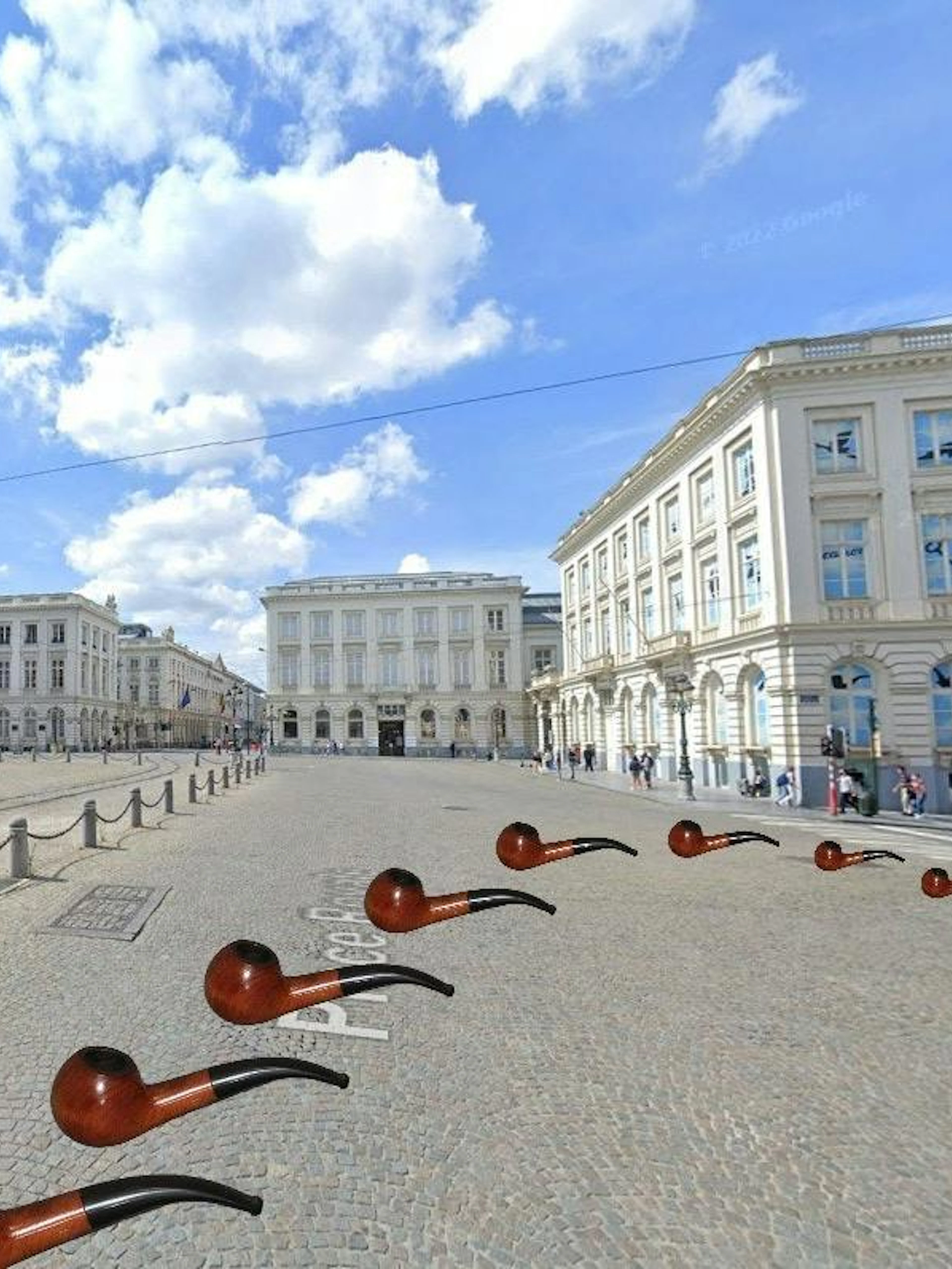 Brussels city square with equestrian statue and scattered detective pipes for self-guided game.
