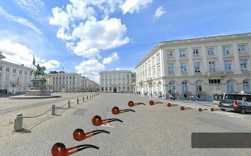 Brussels city square with equestrian statue and scattered detective pipes for self-guided game.