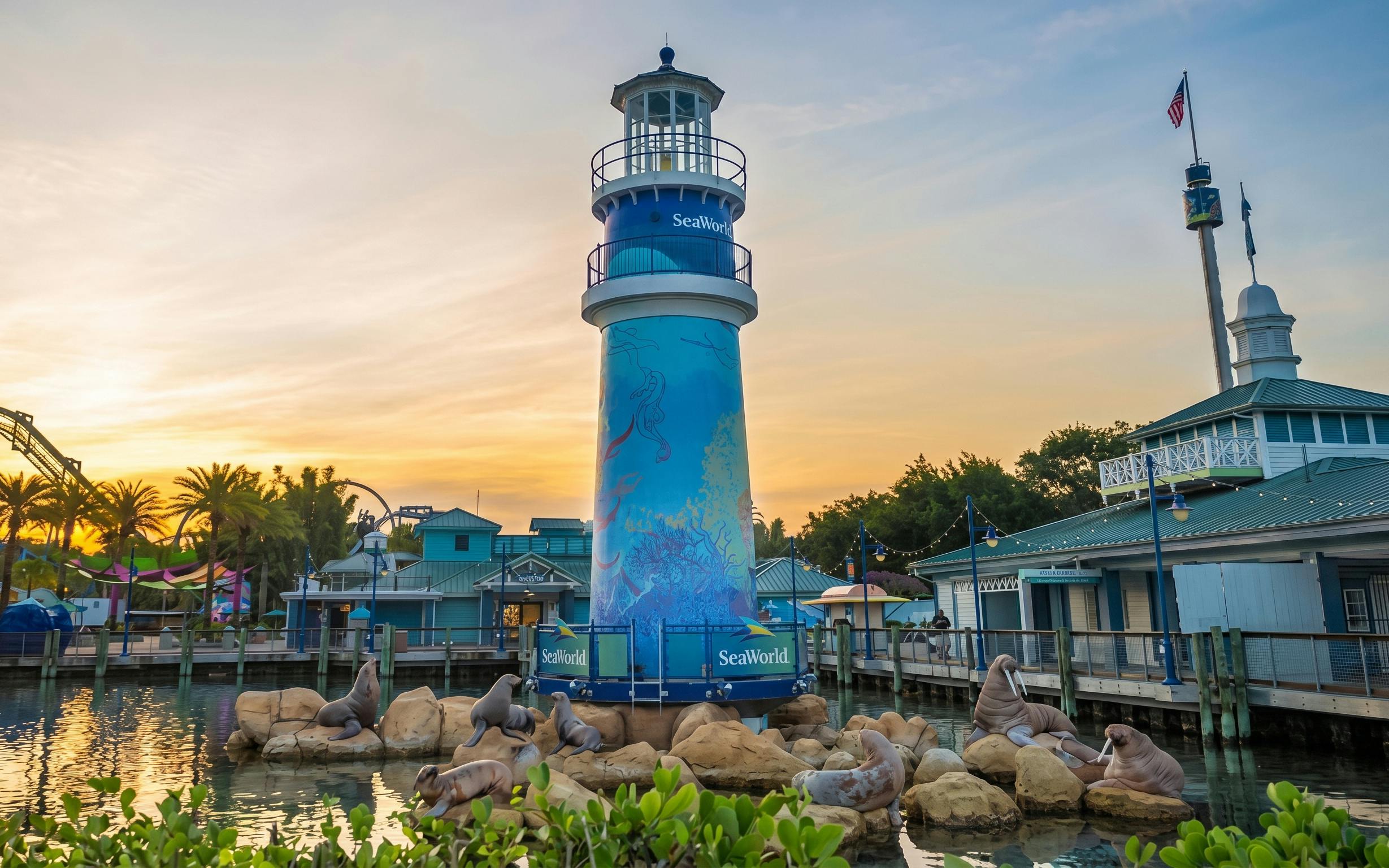 SeaWorld lighthouse with sea lion sculptures at sunset, SeaWorld Parks and Entertainment.