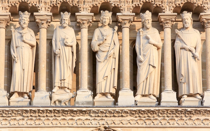 Statues of kings on the Gallery of Kings facade at Notre Dame Cathedral, Paris.