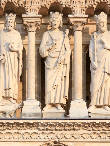 Statues of kings on the Gallery of Kings facade at Notre Dame Cathedral, Paris.