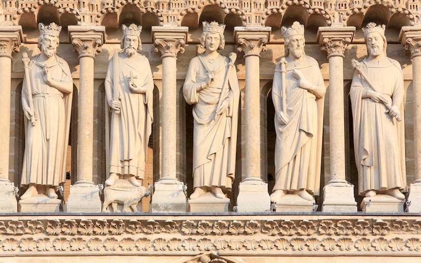 Statues of kings on the Gallery of Kings facade at Notre Dame Cathedral, Paris.