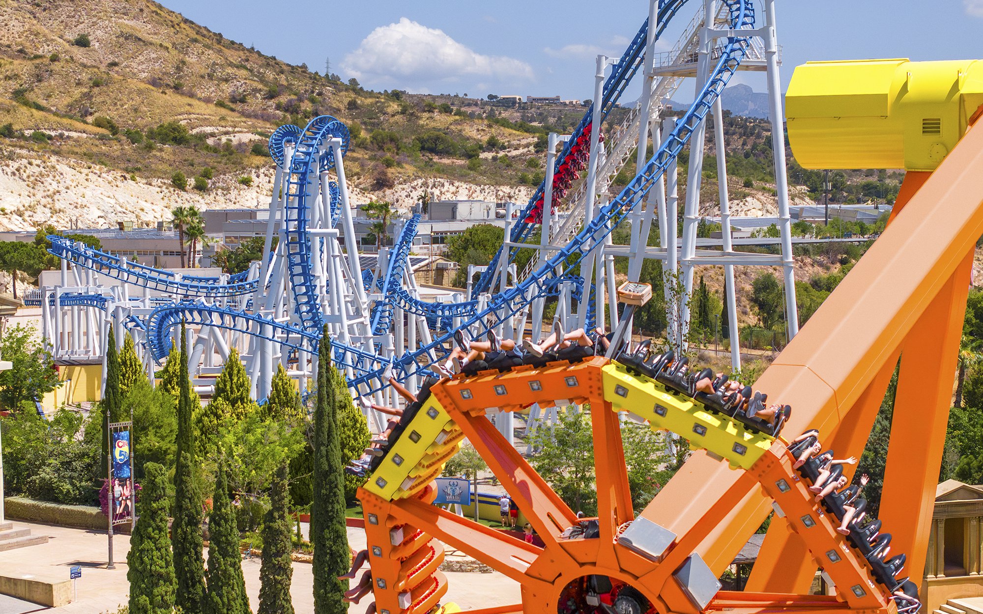 Roller coasters and thrill rides at Terra Mitica theme park in Benidorm, Spain.