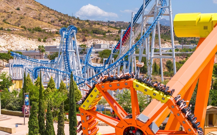 Roller coasters and thrill rides at Terra Mitica theme park in Benidorm, Spain.