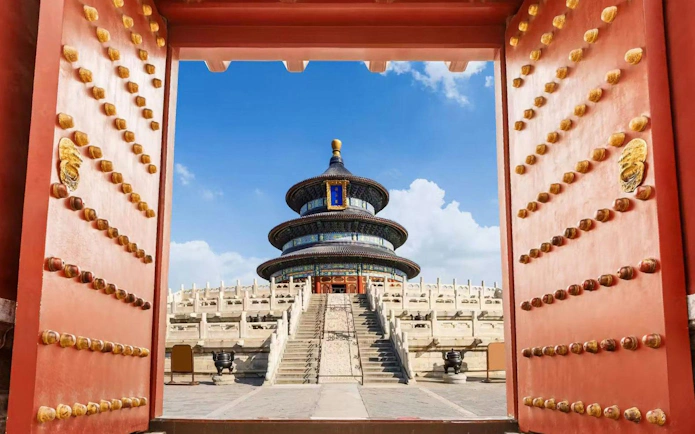 Temple of Heaven in Beijing, viewed through Hall of Prayer for Good Harvests doors.