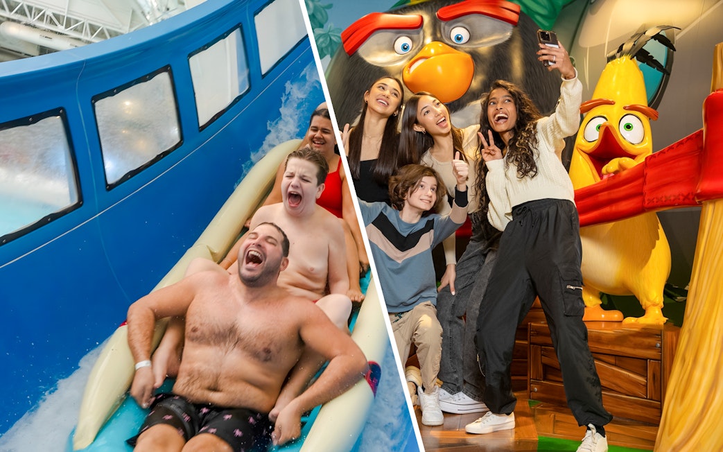 Group enjoying water slide and taking selfies with Angry Birds at American Dream attractions.