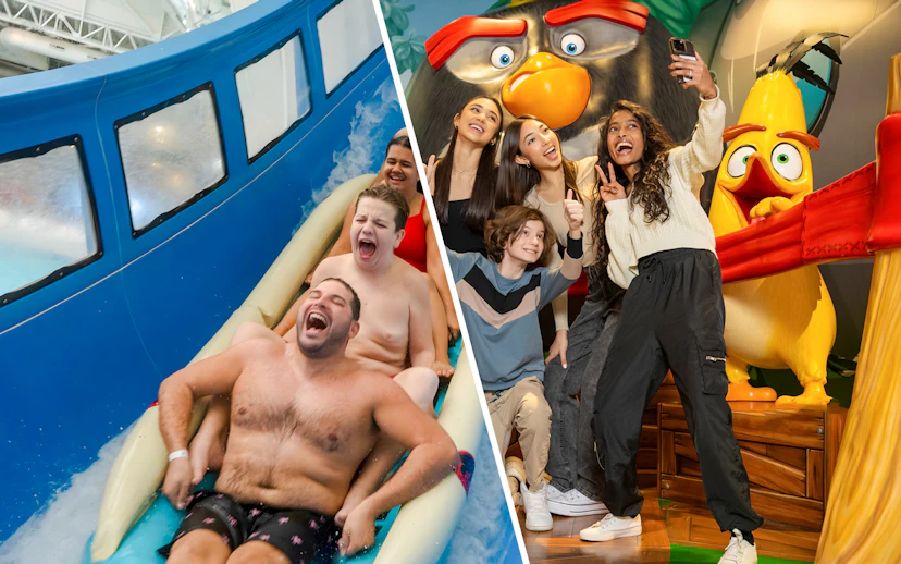 Group enjoying water slide and taking selfies with Angry Birds at American Dream attractions.