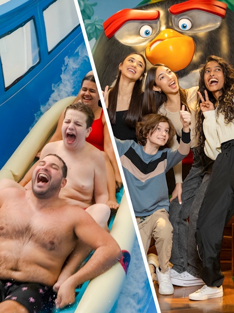 Group enjoying water slide and taking selfies with Angry Birds at American Dream attractions.