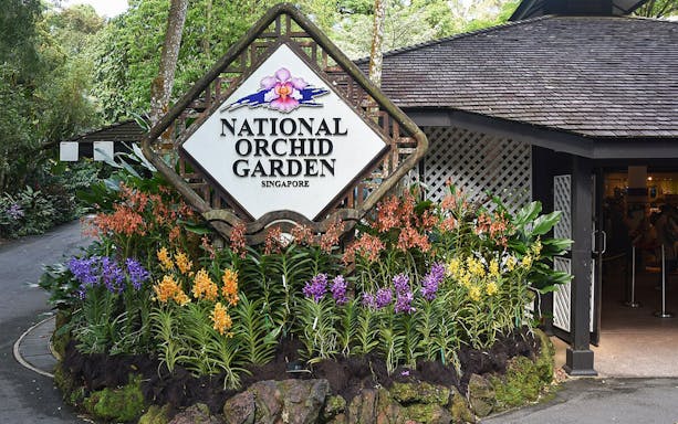 National Orchid Garden entrance with colorful orchids, Singapore.