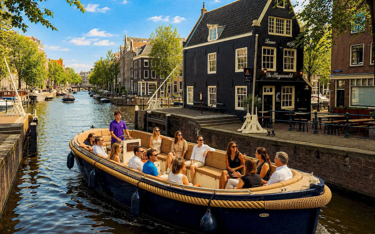 Open boat with tourists cruising Amsterdam canal in the morning.