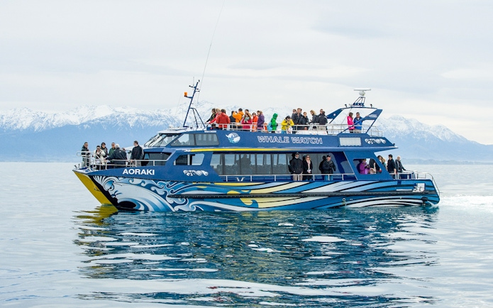 Whale watching boat with tourists in Kaikoura, New Zealand, snowy mountains in background.