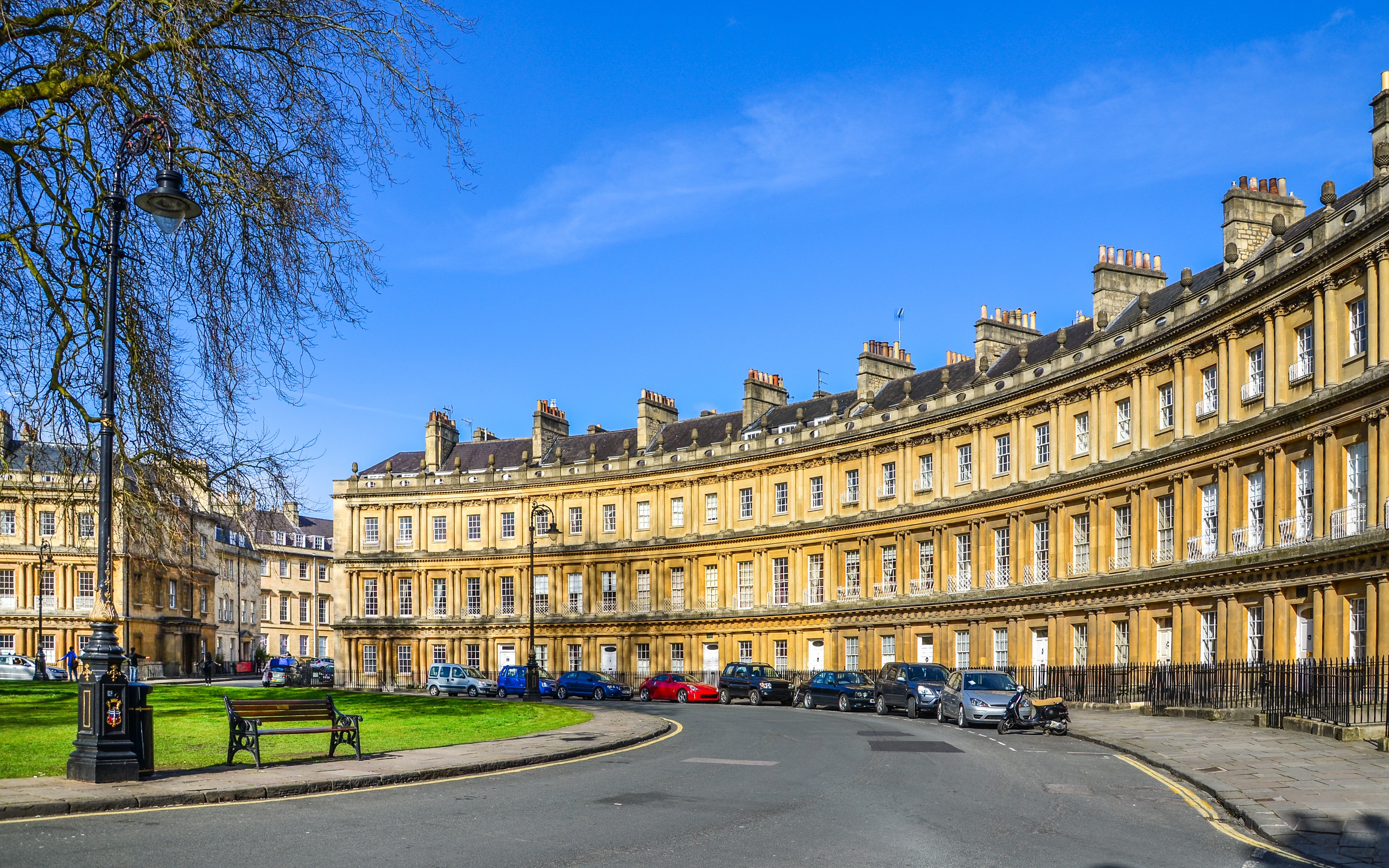 The Circus in Bath, UK, showcasing Georgian architecture with curved townhouses.