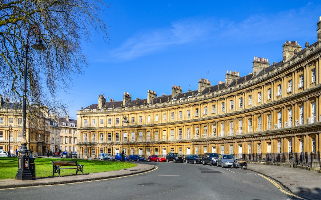 The Circus in Bath, UK, showcasing Georgian architecture with curved townhouses.
