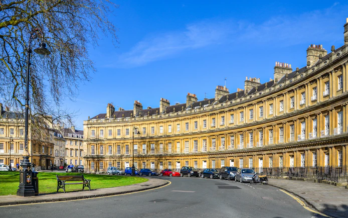 The Circus in Bath, UK, showcasing Georgian architecture with curved townhouses.