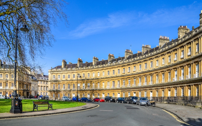The Circus in Bath, UK, showcasing Georgian architecture with curved townhouses.