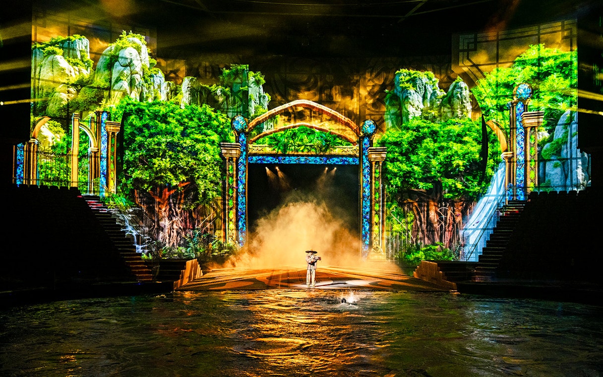 Performer on stage with water and lush forest backdrop during House of Dancing Water show.