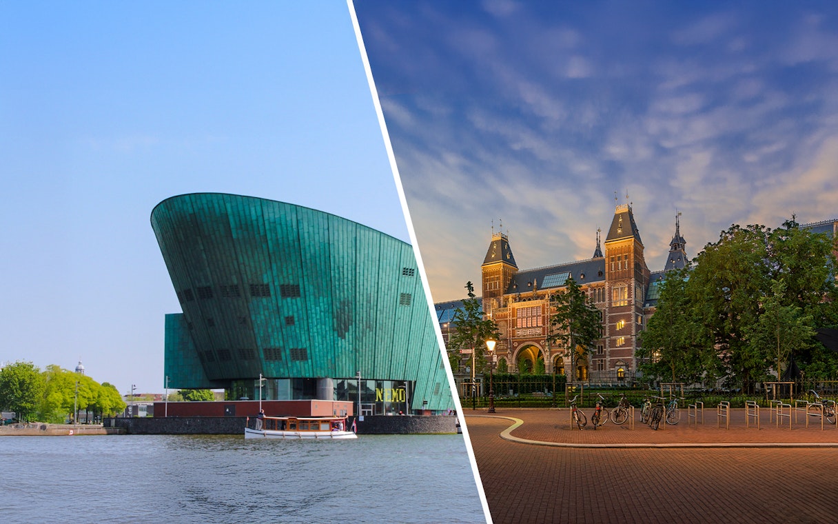 Rijksmuseum exterior at dusk with lit towers and surrounding trees in Amsterdam.