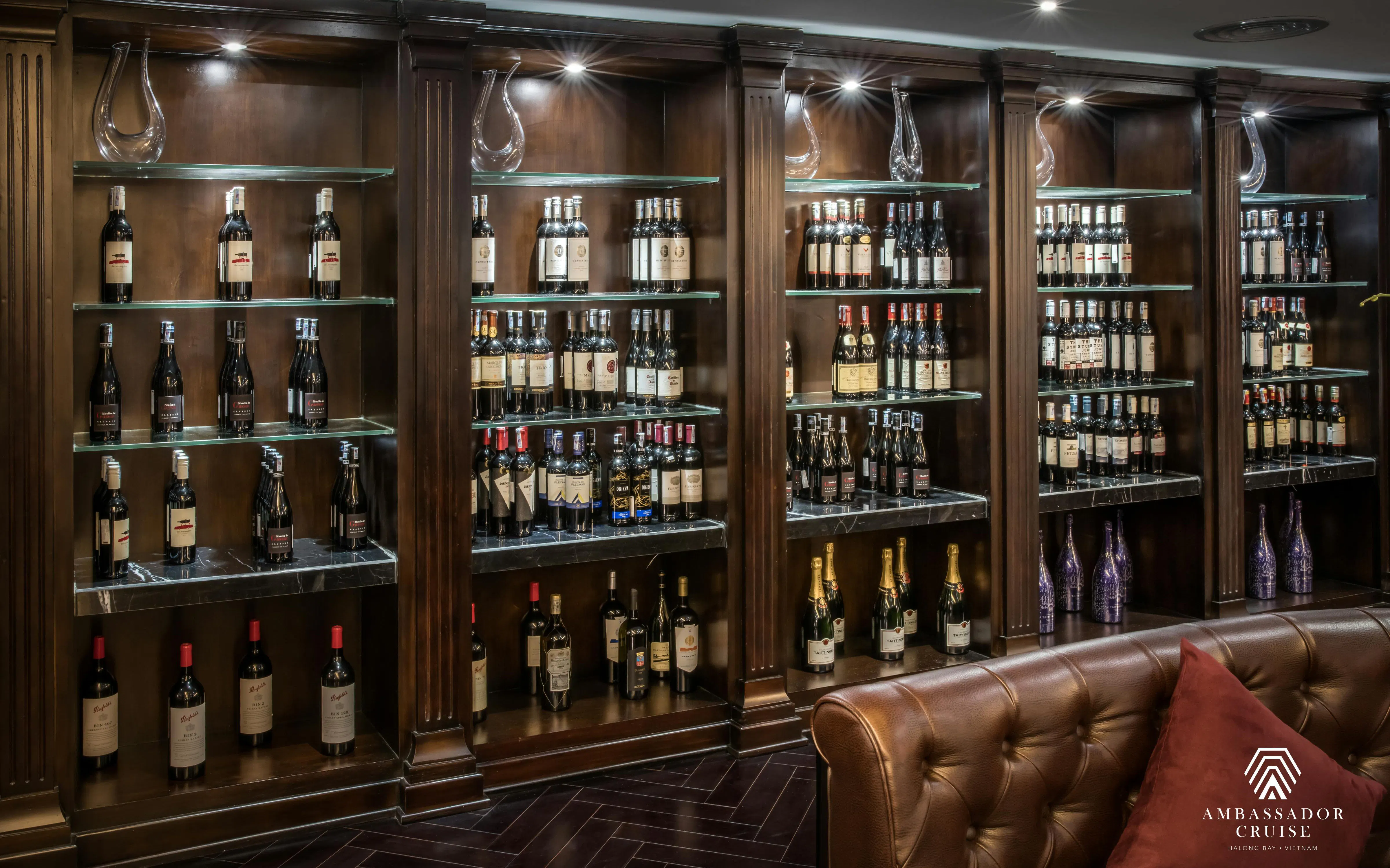 Wine selection on display in the lounge of the 5-Star Ambassador Cruise, Ha Long Bay.