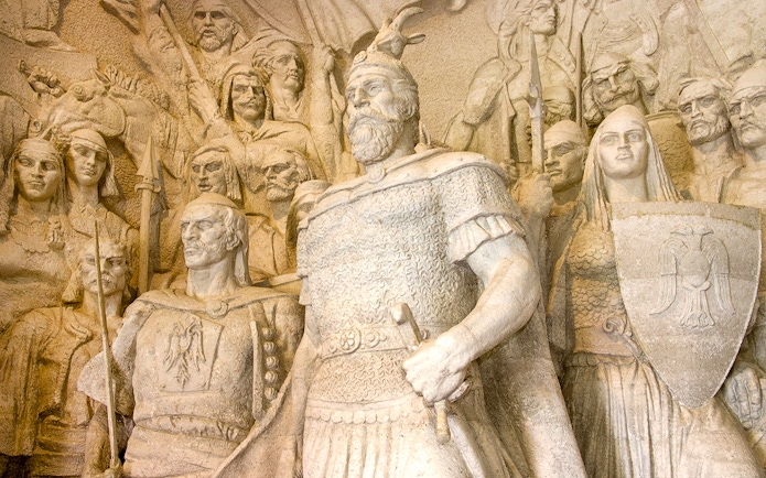Statue of G. K. Skanderbeg with warriors inside Skanderbeg Museum, Albania.