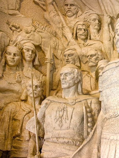 Statue of G. K. Skanderbeg with warriors inside Skanderbeg Museum, Albania.