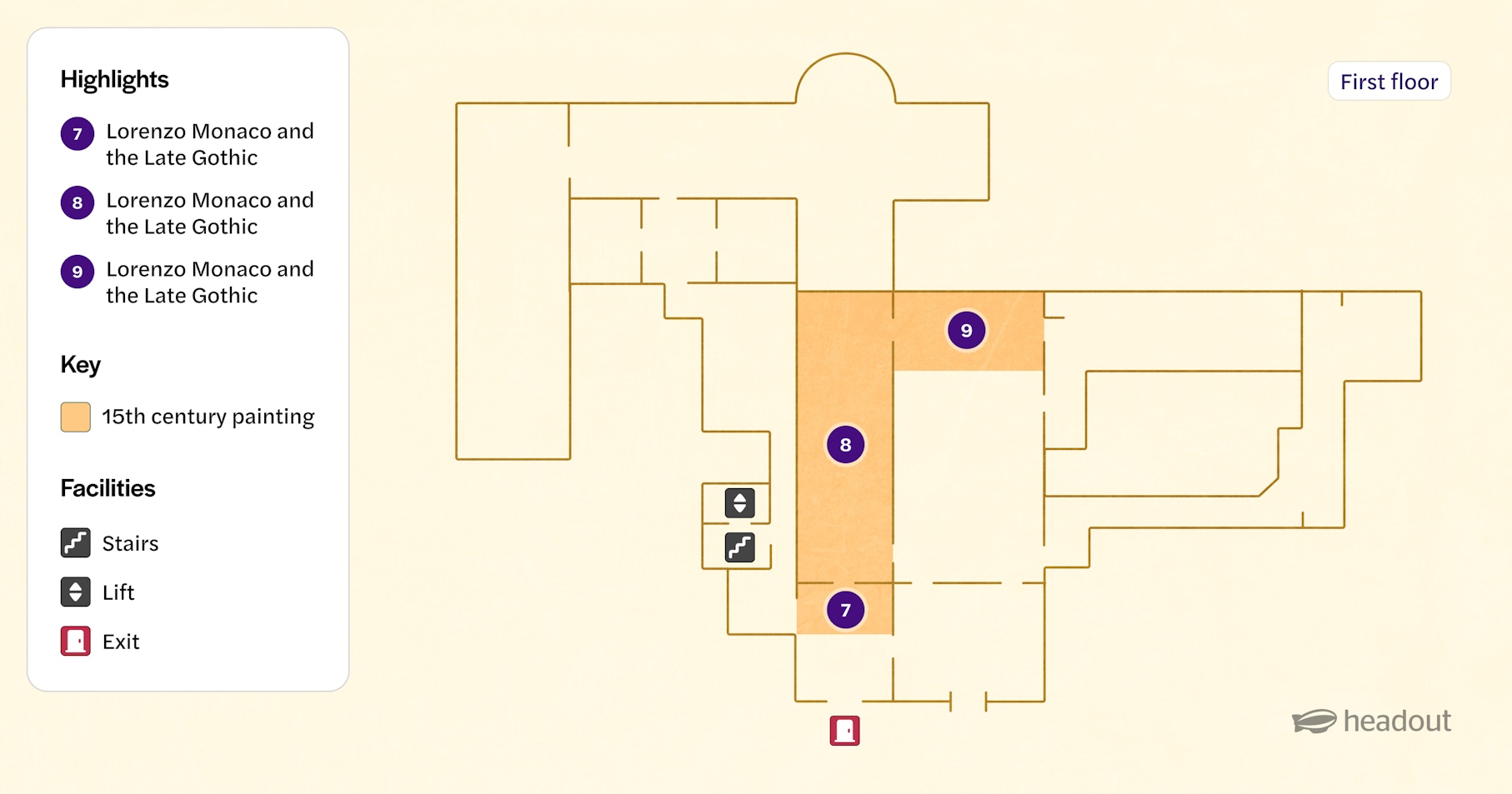 Accademia Gallery first floor map highlighting Lorenzo Monaco exhibits.