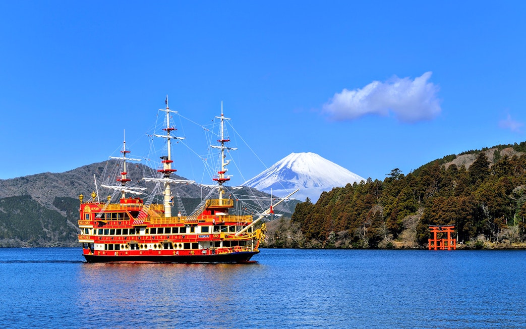 Pirate ship on Lake Ashi with Mount Fuji in the background, Hakone, Japan.