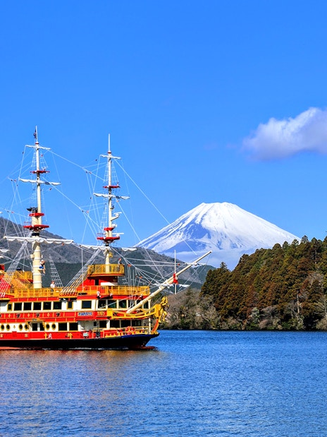 Pirate ship on Lake Ashi with Mount Fuji in the background, Hakone, Japan.