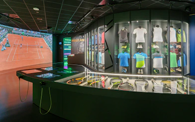 Tennis memorabilia and interactive displays at Rafa Nadal Museum.