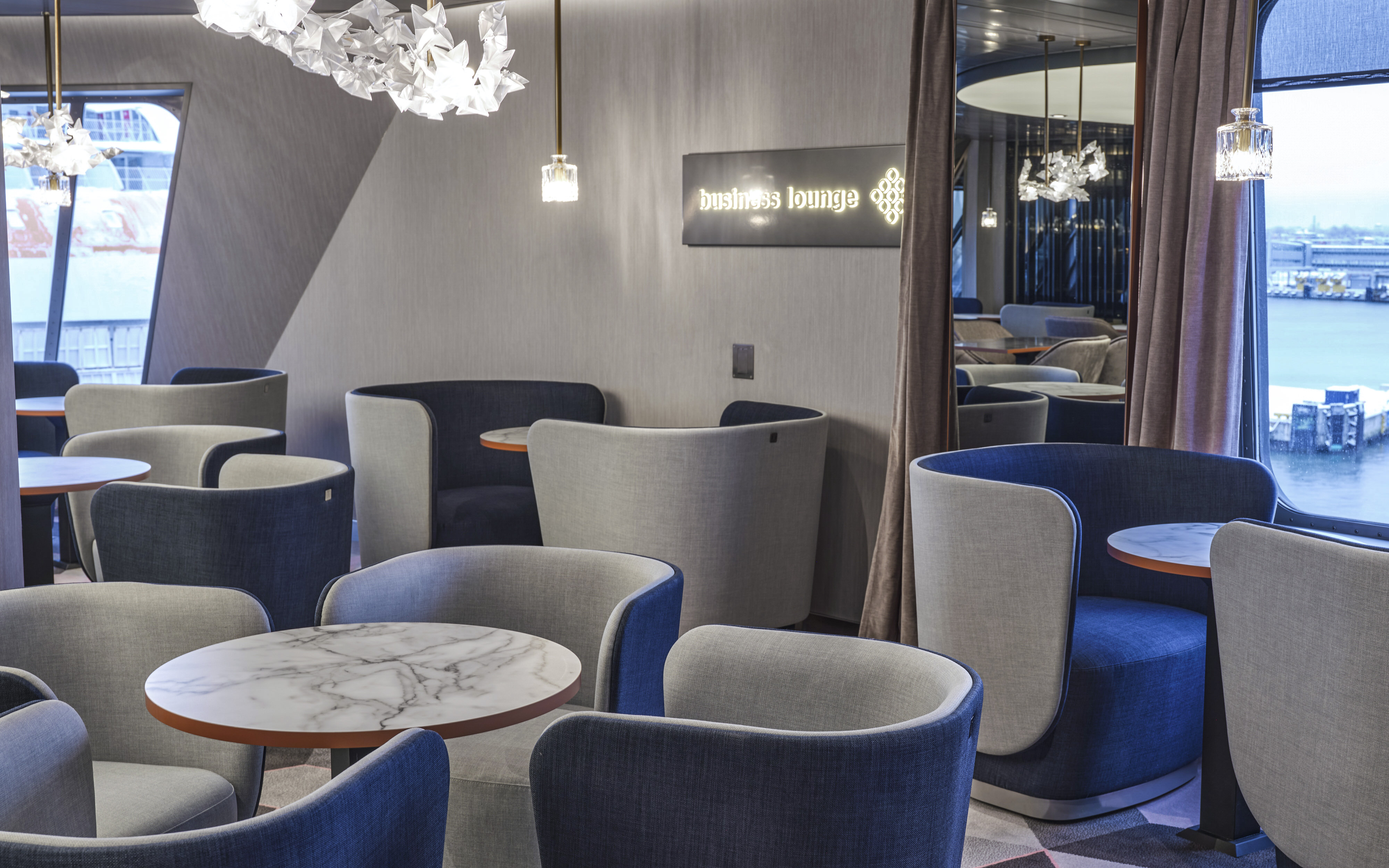Business lounge seating area on ferry from Helsinki to Tallinn.