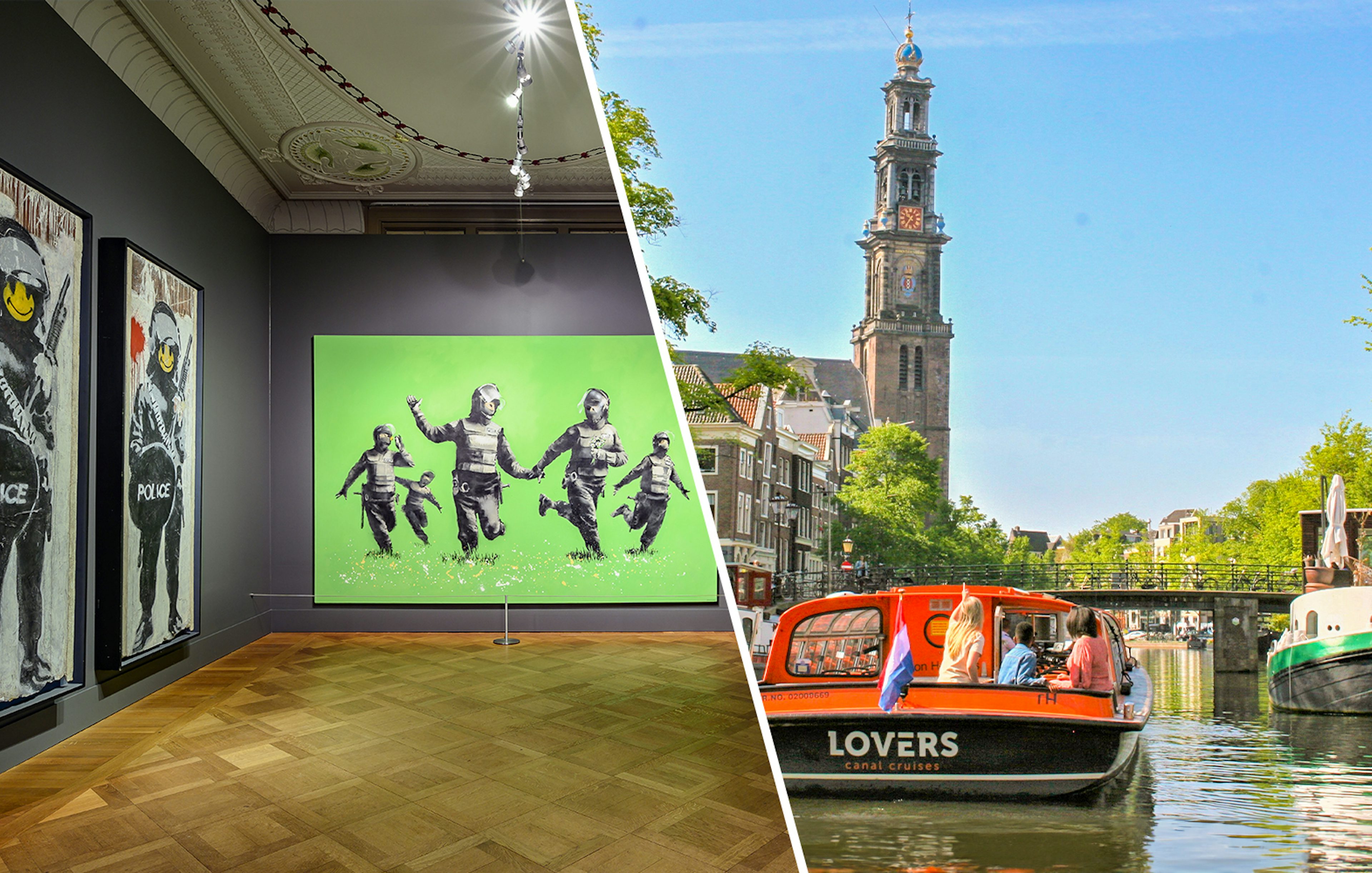 Moco Museum art exhibit and Amsterdam canal cruise with Westerkerk view.