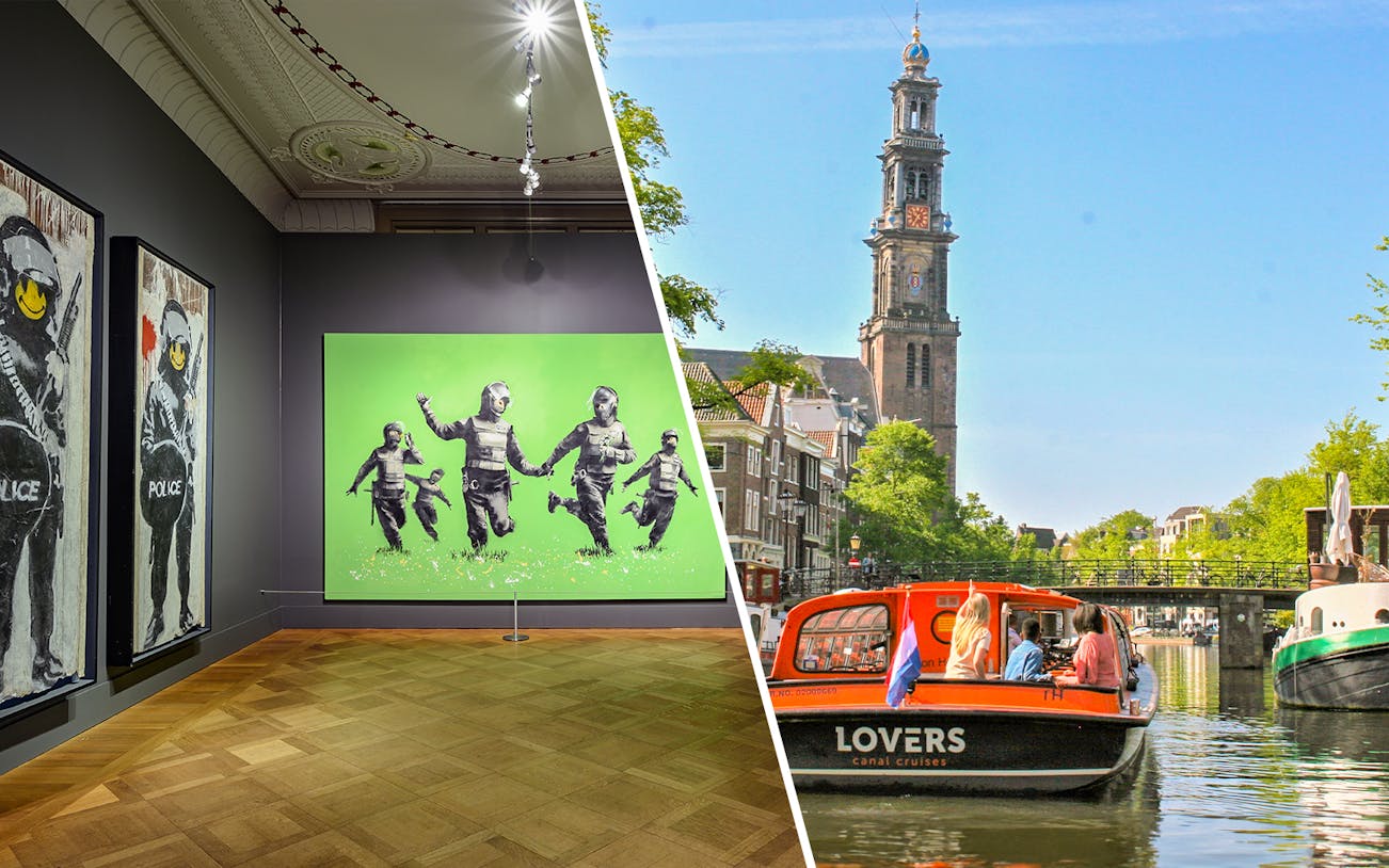 Moco Museum art exhibit and Amsterdam canal cruise with Westerkerk view.