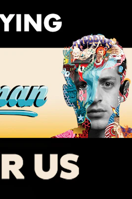 Promotional banner for Alex Edelman's show Just For Us, featuring artistic face design.