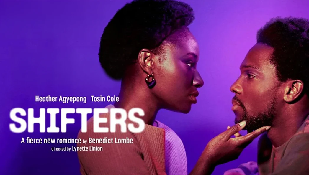 Two people facing each other against a purple background with the text "Shifters" between them.