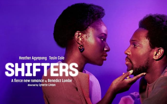 Two people facing each other against a purple background with the text "Shifters" between them.