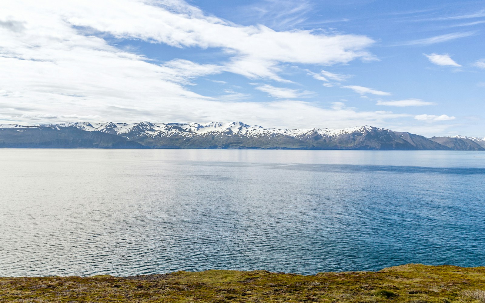 Panoramic view from a cliff over Skjálfandi Bay with distant snow-capped mountains.