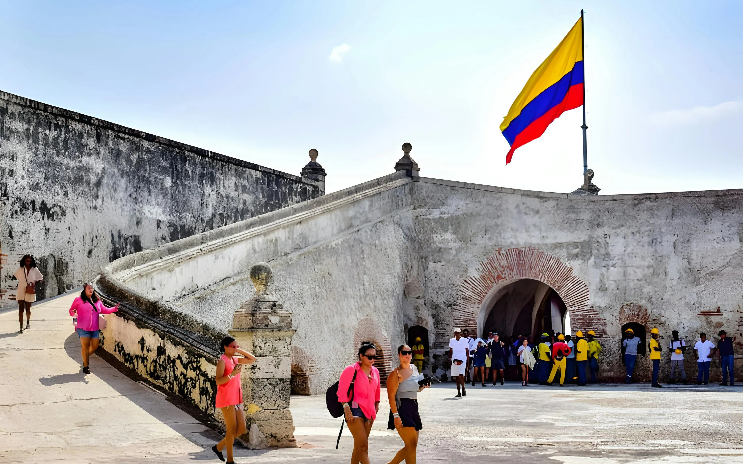 Fort of San Fernando de Bocachica entrance with Colombian flag, Cartagena, Colombia.