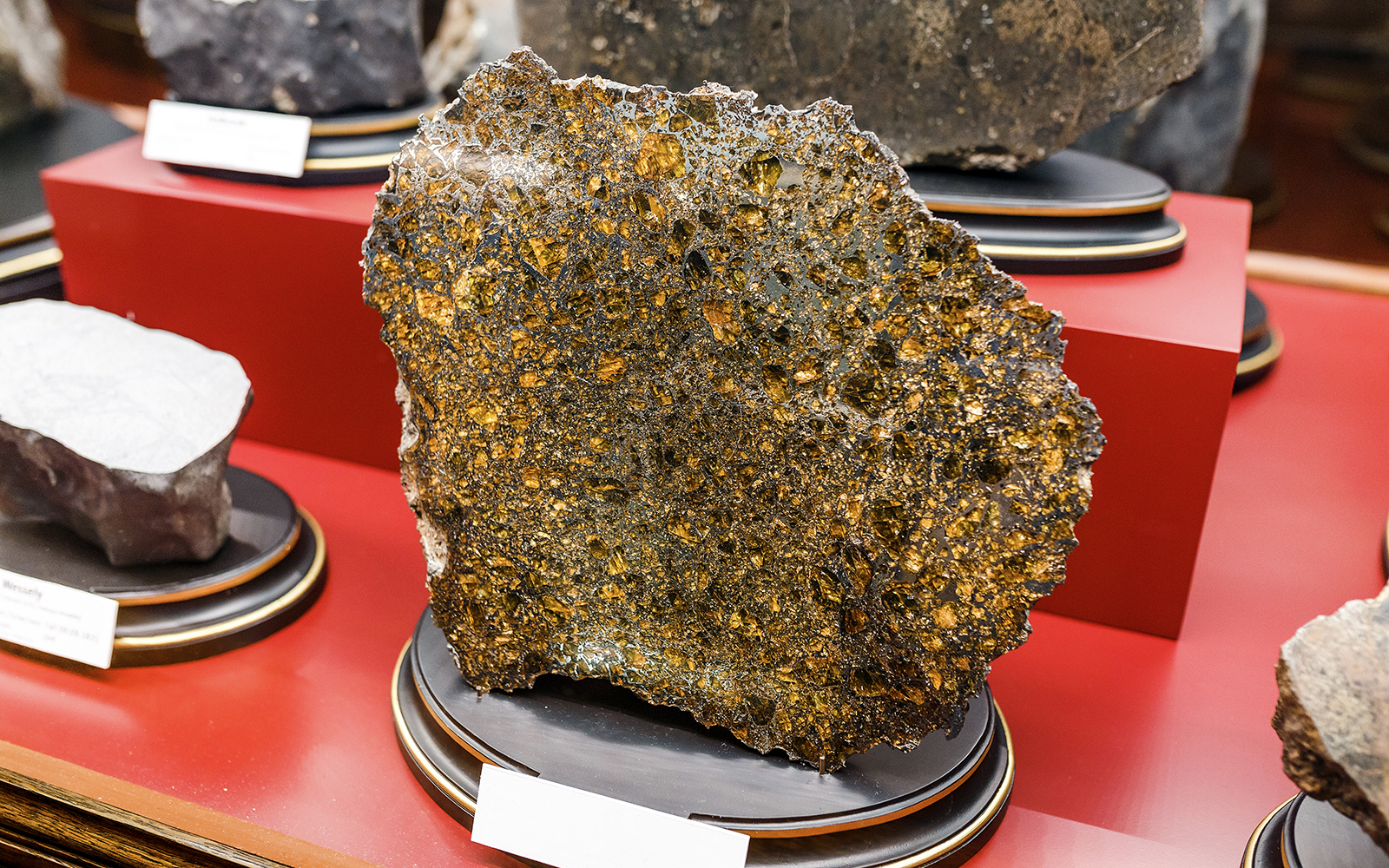 Meteorite specimen displayed in a museum collection exhibit.