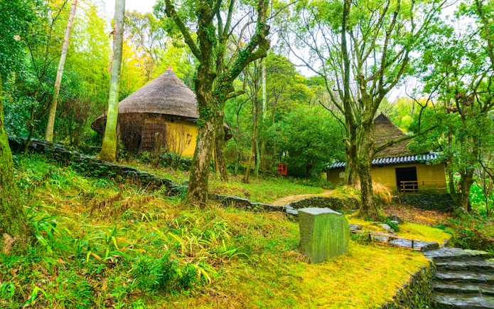 Thatched-roof huts surrounded by lush forest in Shikoku Village, Kagawa, Japan.