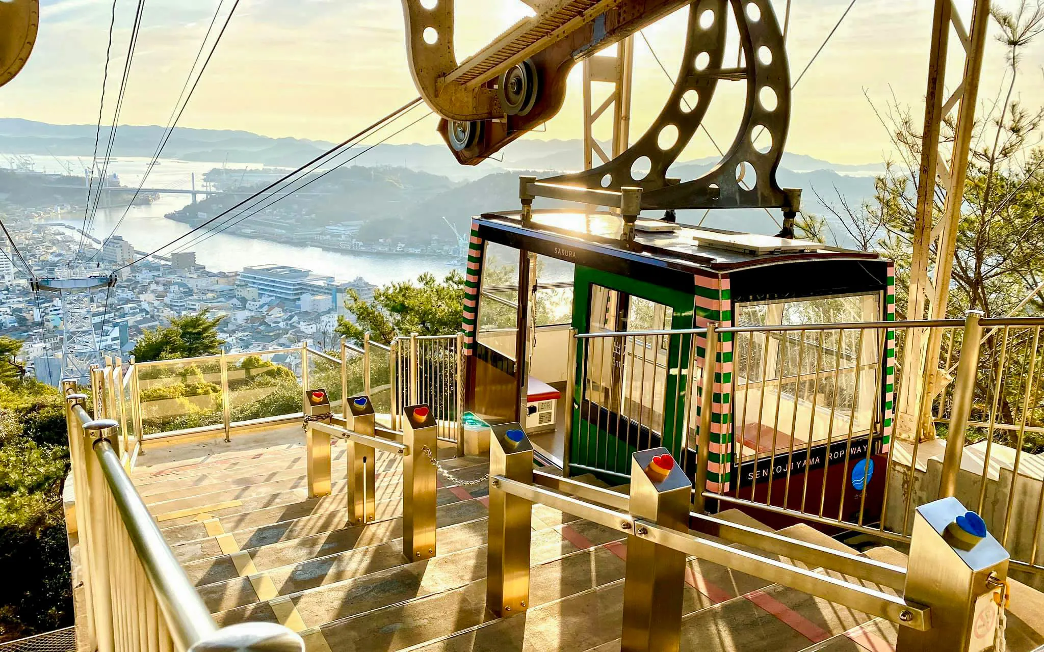 Mt. Senkoji Ropeway cable car overlooking Onomichi cityscape, Hiroshima Prefecture, Japan.