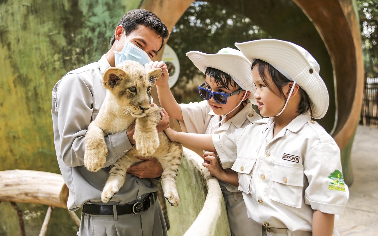 Kids petting lion cub at Vinpearl Safari with zookeeper.