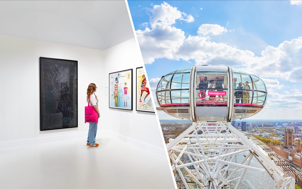 Moco Museum London art exhibit and London Eye capsule with city view.
