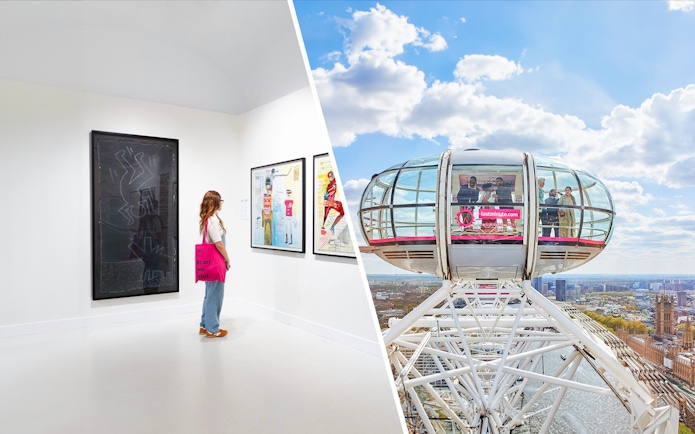 Moco Museum London art exhibit and London Eye capsule with city view.