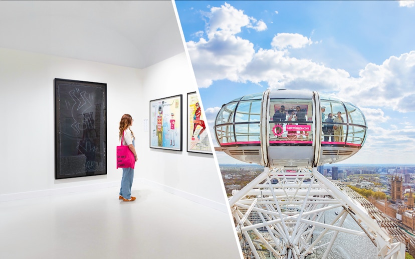 Moco Museum London art exhibit and London Eye capsule with city view.
