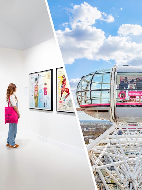 Moco Museum London art exhibit and London Eye capsule with city view.