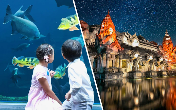 Palace Court at Phuket Fantasea illuminated at night with elephant statues and starry sky.