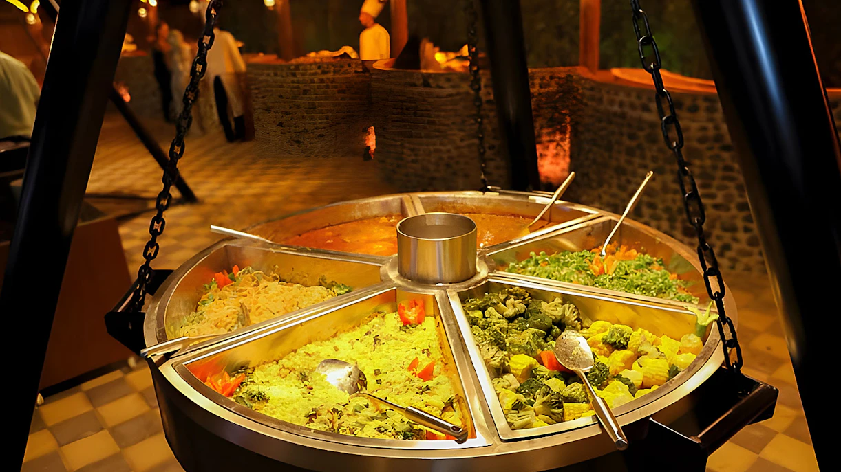 Buffet spread with various dishes at a Dubai desert safari dinner.