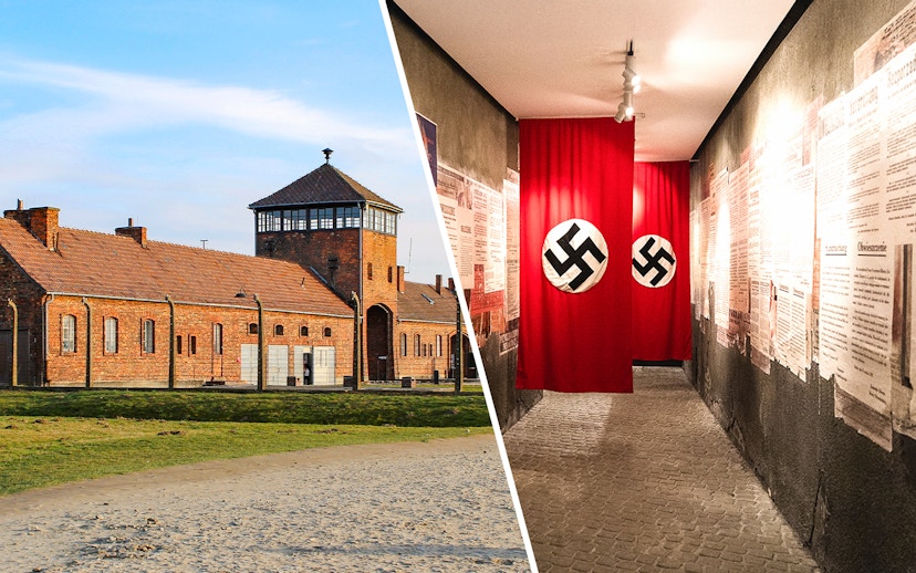 Auschwitz-Birkenau entrance and Oskar Schindler's Factory exhibit in Krakow tour.