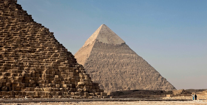 Giza Necropolis with pyramids and the Great Sphinx in the background, Egypt.